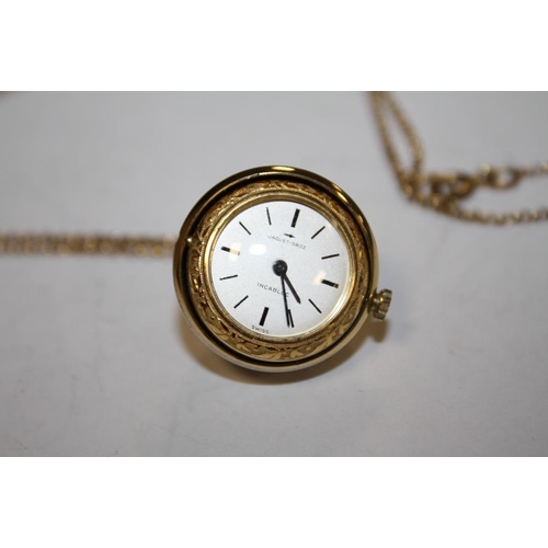 357 - A JAQUET-DROZ INCABLOC YELLOW METAL SWIVEL PENDANT WATCH ON CHAIN STAMPED 9K