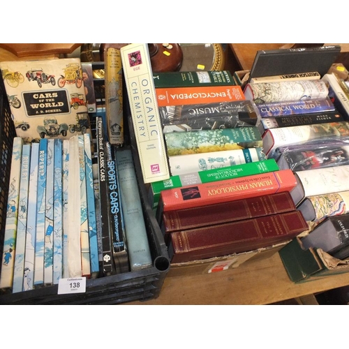 138 - THREE TRAYS OF VINTAGE AND MODERN BOOKS TO INCLUDE VINTAGE CAR BOOKS, SCIENTIFIC BOOKS AND HISTORY B... 