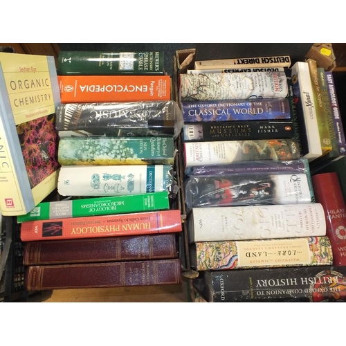 138 - THREE TRAYS OF VINTAGE AND MODERN BOOKS TO INCLUDE VINTAGE CAR BOOKS, SCIENTIFIC BOOKS AND HISTORY B... 