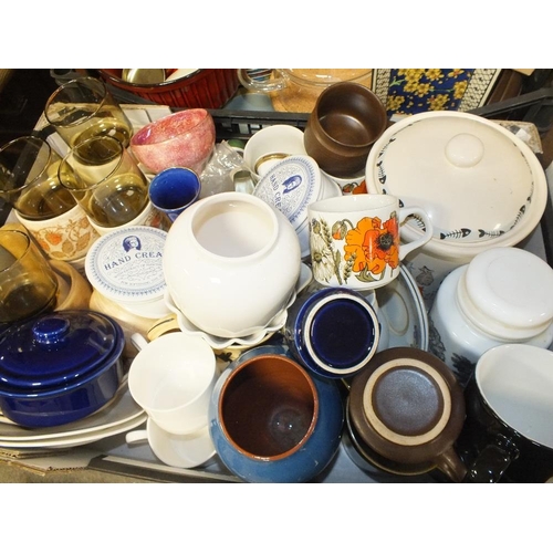 144 - FOUR TRAYS OF CERAMICS AND GLASSWARE TO INCLUDE TTC PATRICK STYLE CHINA, AYNSLEY ETC.