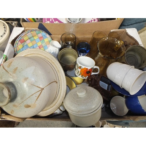 144 - FOUR TRAYS OF CERAMICS AND GLASSWARE TO INCLUDE TTC PATRICK STYLE CHINA, AYNSLEY ETC.