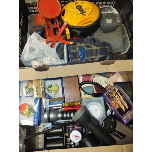 152 - TWO TRAYS OF ASSORTED SUNDRIES TO INCLUDE VINTAGE SCALES, SMALL VICE, TORCHES ETC.