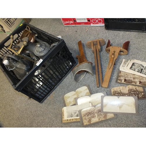 154 - A TRAY OF METALWARE AND GLASS BOTTLES TOGETHER WITH TWO VINTAGE PHOTOGRAPH VIEWERS