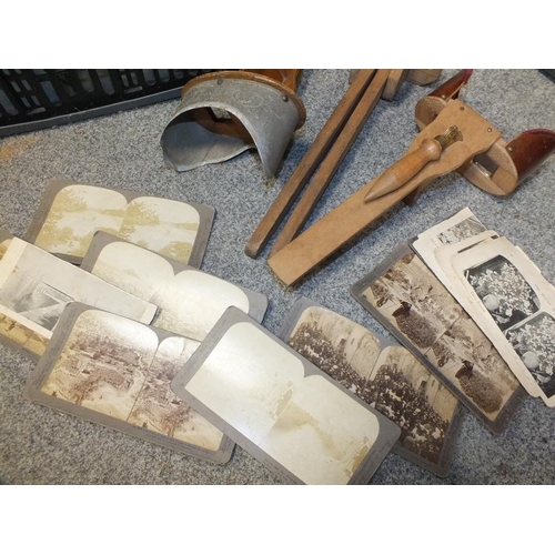 154 - A TRAY OF METALWARE AND GLASS BOTTLES TOGETHER WITH TWO VINTAGE PHOTOGRAPH VIEWERS