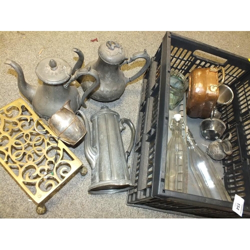 154 - A TRAY OF METALWARE AND GLASS BOTTLES TOGETHER WITH TWO VINTAGE PHOTOGRAPH VIEWERS