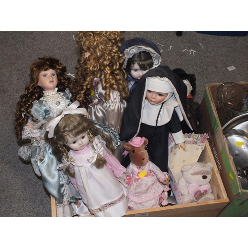 155 - A BOX OF PORCELAIN HEADED DOLLS ETC.