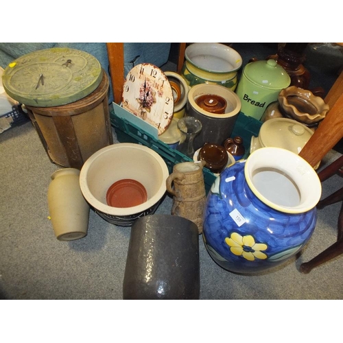 159 - A QUANTITY OF CERAMICS AND STONEWARE TO INCLUDE VASES, JUGS, BREAD BIN ETC.