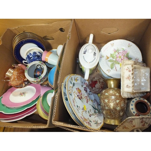 175 - TWO TRAYS OF ASSORTED CERAMICS TO INCLUDE HARLEQUIN CUPS AND SAUCERS ETC.