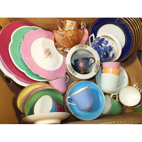 175 - TWO TRAYS OF ASSORTED CERAMICS TO INCLUDE HARLEQUIN CUPS AND SAUCERS ETC.