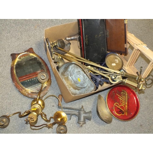 190 - A BOX OF ASSORTED METALWARE TO INCLUDE BRASS FIRE IRONS, SCALES ETC.