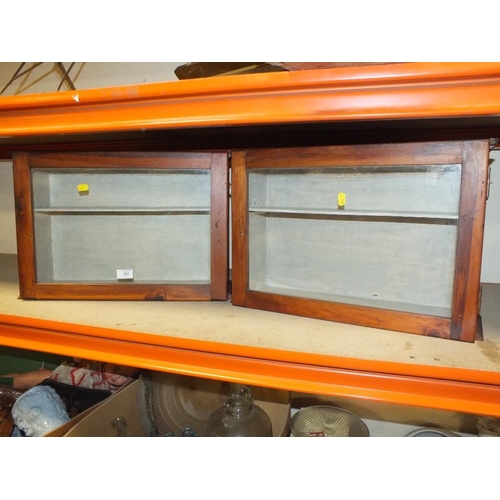 197 - A PAIR OF GLAZED PINE DISPLAY SHELVES, OVERALL HEIGHT 36 CM, WIDTH 54 CM, DEPTH 17 CM