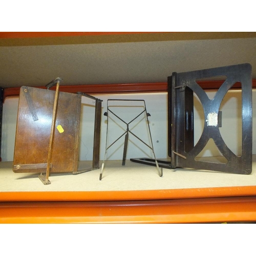 201 - THREE COAT RACKS TOGETHER WITH TWO SHELVES AND THREE MUSIC STANDS