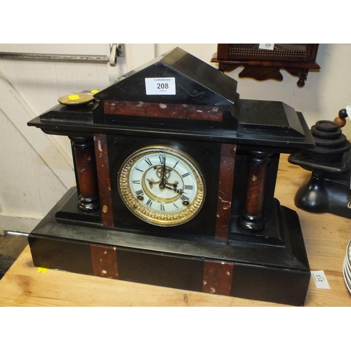 208 - A BLACK SLATE AND MARBLE ANSONIA GONG STRIKE MANTEL CLOCK WITH KEY AND PENDULUM, H 35 CM, W 44 CM, D... 