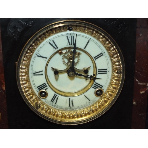 208 - A BLACK SLATE AND MARBLE ANSONIA GONG STRIKE MANTEL CLOCK WITH KEY AND PENDULUM, H 35 CM, W 44 CM, D... 