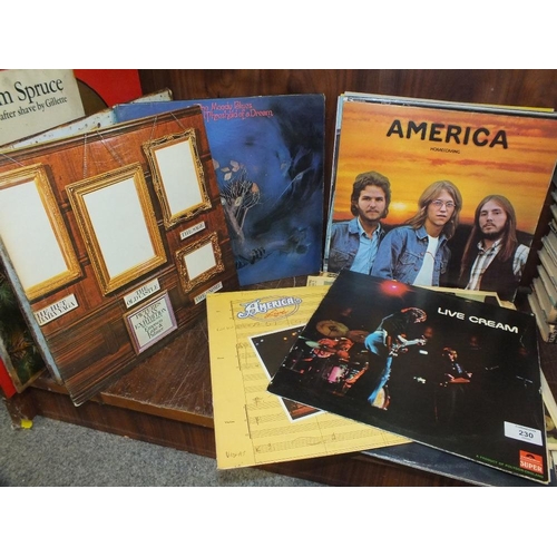 230 - A COLLECTION OF LP RECORDS ETC., TO INCLUDE CREAM, MOODY BLUES, AMERICA ETC.