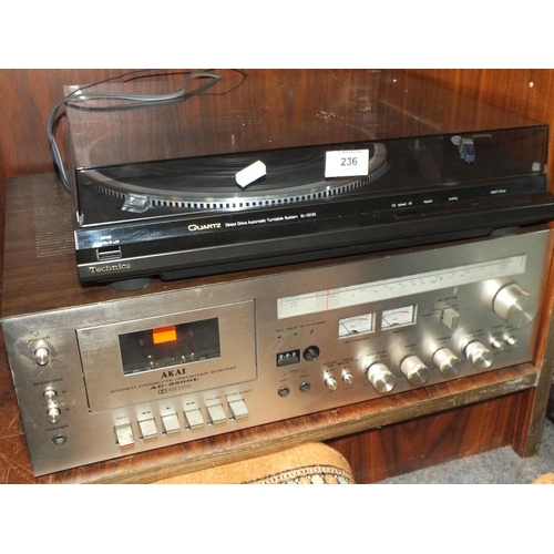 236 - A TECHNICS SL-QD33 TURNTABLE TOGETHER WITH AN AKAI STEREO CASSETTE RECEIVER SYSTEM