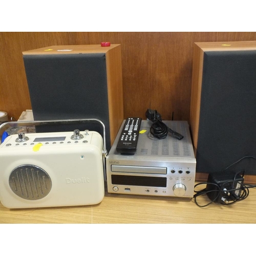 246 - A DENON RCD-M37 DAB STEREO WITH SPEAKERS TOGETHER WITH A DUALIT PORTABLE RADIO