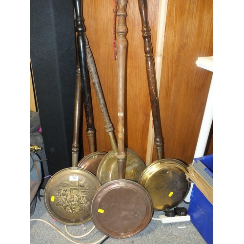 249 - FIVE COPPER AND BRASS WARMING PANS