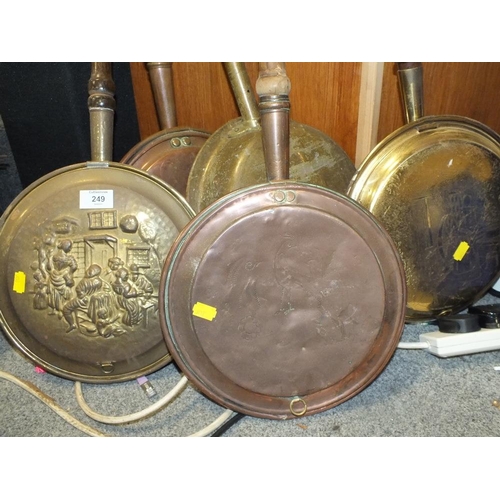 249 - FIVE COPPER AND BRASS WARMING PANS