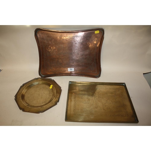 383 - THREE ORIENTAL COPPER AND BRASS TRAYS