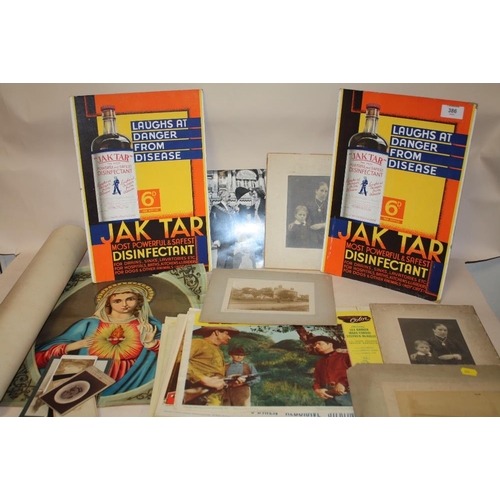 386 - A COLLECTION OF EPHEMERA ETC TO INCLUDE BLACK AND WHITE PHOTOGRAPHS, CARDBOARD JAK TAR ADVERTISING S... 