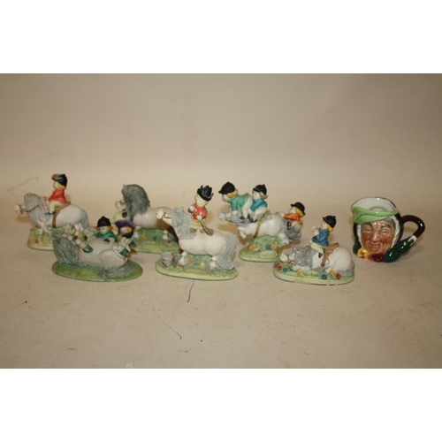 390 - A COLLECTION OF CHILTERN COLLECTION THELWELL PONY FIGURES TOGETHER WITH A SMALL SAIRY GAMP CHARACTER... 
