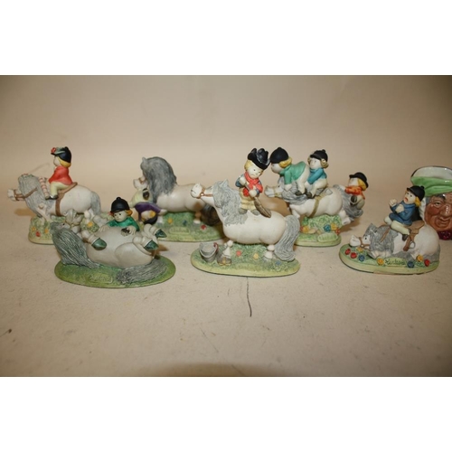 390 - A COLLECTION OF CHILTERN COLLECTION THELWELL PONY FIGURES TOGETHER WITH A SMALL SAIRY GAMP CHARACTER... 