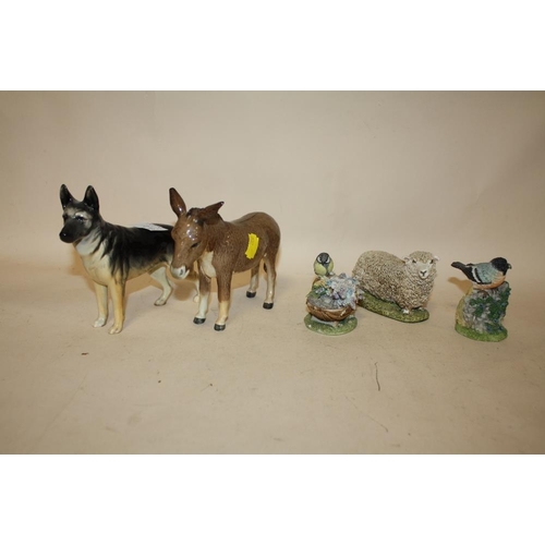 392 - A BESWICK DONKEY AND BESWICK ALSATIAN FIGURE PLUS THREE OTHER FIGURES (5)