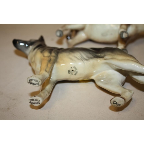 392 - A BESWICK DONKEY AND BESWICK ALSATIAN FIGURE PLUS THREE OTHER FIGURES (5)