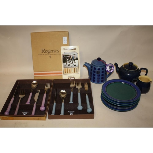 394 - A COLLECTION OF DENBY STONEWARE TO INCLUDE REGENCY CUTLERY SETS, TEAPOTS ETC
