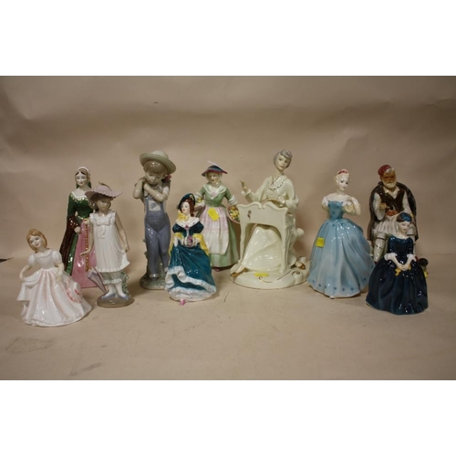 402 - A COLLECTION OF ASSORTED CERAMIC LADY FIGURES TO INCLUDE COALPORT AND OTHER EXAMPLES A/F