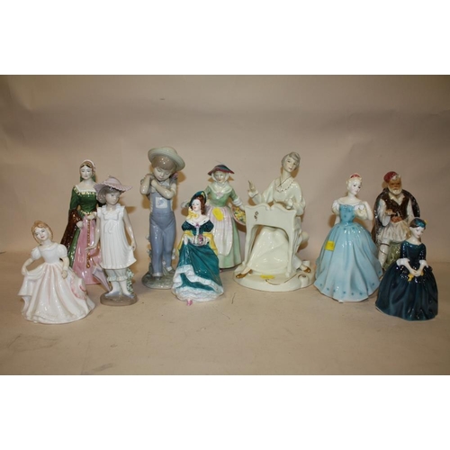 402 - A COLLECTION OF ASSORTED CERAMIC LADY FIGURES TO INCLUDE COALPORT AND OTHER EXAMPLES A/F