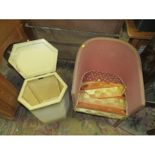 728 - A WICKER BEDROOM CHAIR AND LAUNDRY BIN (2)