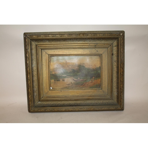 56 - AN ANTIQUE GILT FRAMED OIL ON CANVAS OF A RURAL RIVER SCENE SIZE - 24CM X 16CM