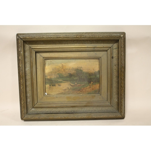 56 - AN ANTIQUE GILT FRAMED OIL ON CANVAS OF A RURAL RIVER SCENE SIZE - 24CM X 16CM