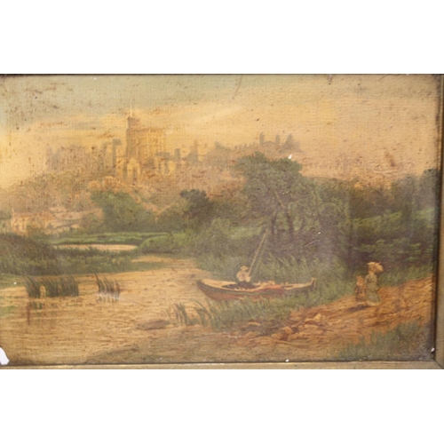 56 - AN ANTIQUE GILT FRAMED OIL ON CANVAS OF A RURAL RIVER SCENE SIZE - 24CM X 16CM