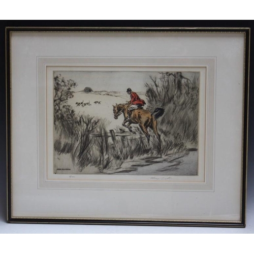 12 - HENRY WILKINSON (XX) BRITISH SCHOOL. Hunting scene with rider taking a fence, signed in pencil lower... 