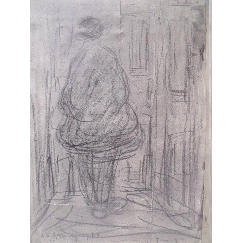 18 - CIRCLE OF LAURENCE STEPHEN LOWRY (1857-1976). Study of a man standing before a door in Salford, bear... 