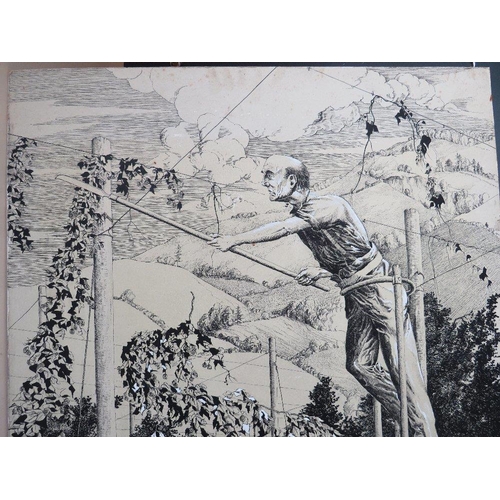 39 - (XX). English school, rural landscape with hop pickers, unsigned, pen and ink on paper laid on card,... 