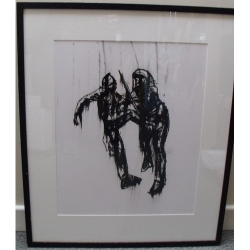 6 - LLOYD AUSTINS (XXI). A contemporary charcoal image of two figures, unsigned, inscribed verso, framed... 