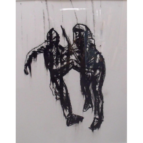 6 - LLOYD AUSTINS (XXI). A contemporary charcoal image of two figures, unsigned, inscribed verso, framed... 