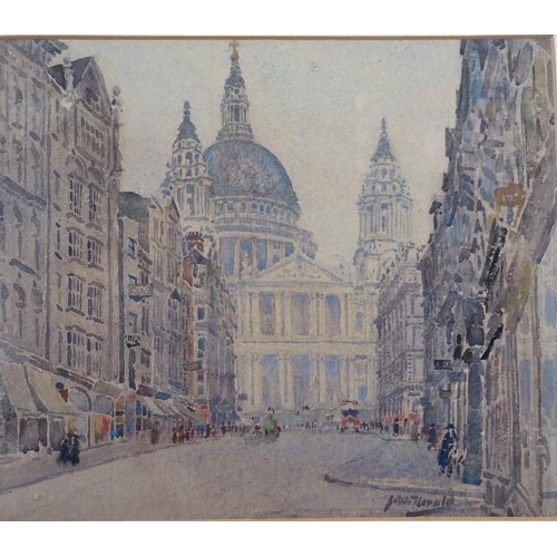 94 - J.W.?? (XX) English school, London street scene with figures, St.Paul's Cathedral in background, sig... 