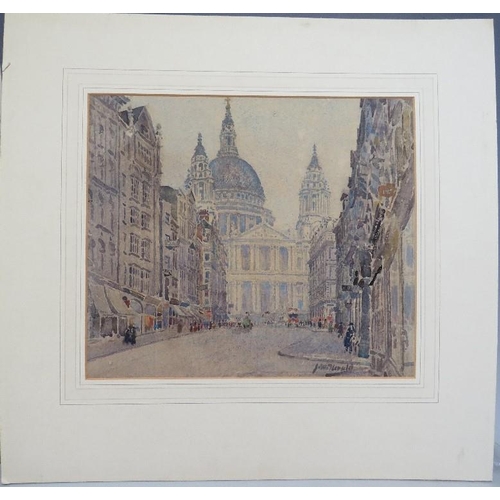 94 - J.W.?? (XX) English school, London street scene with figures, St.Paul's Cathedral in background, sig... 