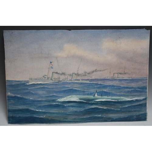 99 - (XX) Naval scene with battleships and submarine, signed with monogram lower right, watercolour, unfr... 