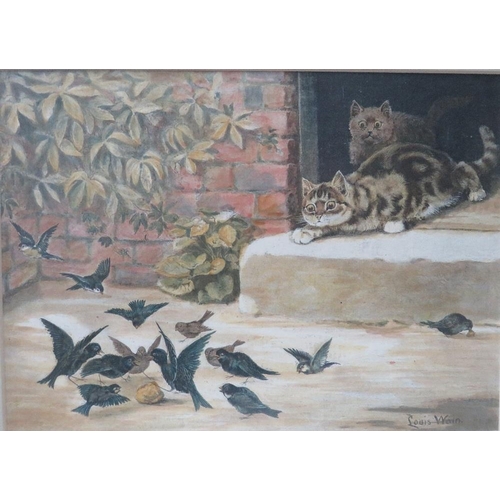 7 - LOUIS WAIN (1860-1939). A coloured antique print depicting two cats stalking a groups of feeding bir... 