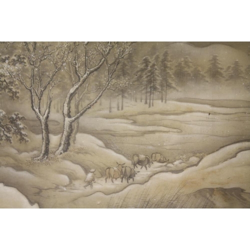 13 - A PAIR OF ANTIQUE ORIENTAL WATERCOLOURS ON SILK DEPICTING LANDSCAPES A/F