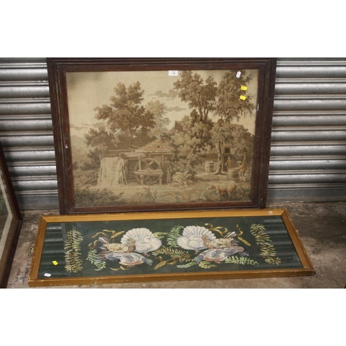 14 - AN ANTIQUE OAK FRAMED AND GLAZED TAPESTRY DEPICTING A WATERMILL TOGETHER WITH A GILT FRAMED EXAMPLE ... 