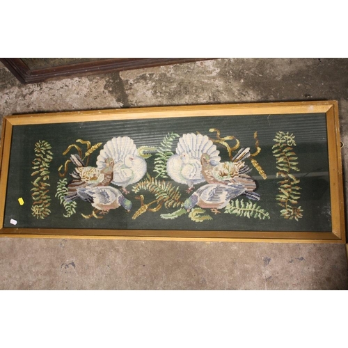 14 - AN ANTIQUE OAK FRAMED AND GLAZED TAPESTRY DEPICTING A WATERMILL TOGETHER WITH A GILT FRAMED EXAMPLE ... 