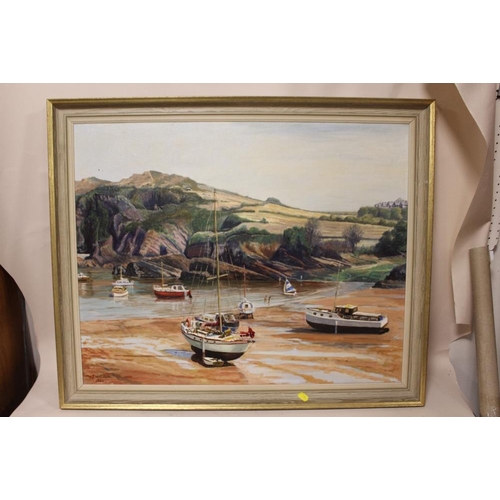 19 - A FRAMED OIL ON CANVAS DEPICTING A RURAL BEACH SCENE WITH MOORED BOATS AND FIGURES SIGNED H. J. WATS... 