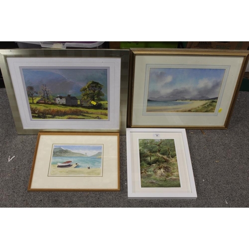 24 - THREE ASSORTED WATERCOLOURS TO INCLUDE SEASCAPES TOGETHER WITH AN OIL PAINTING OF BUILDINGS IN A RUR... 